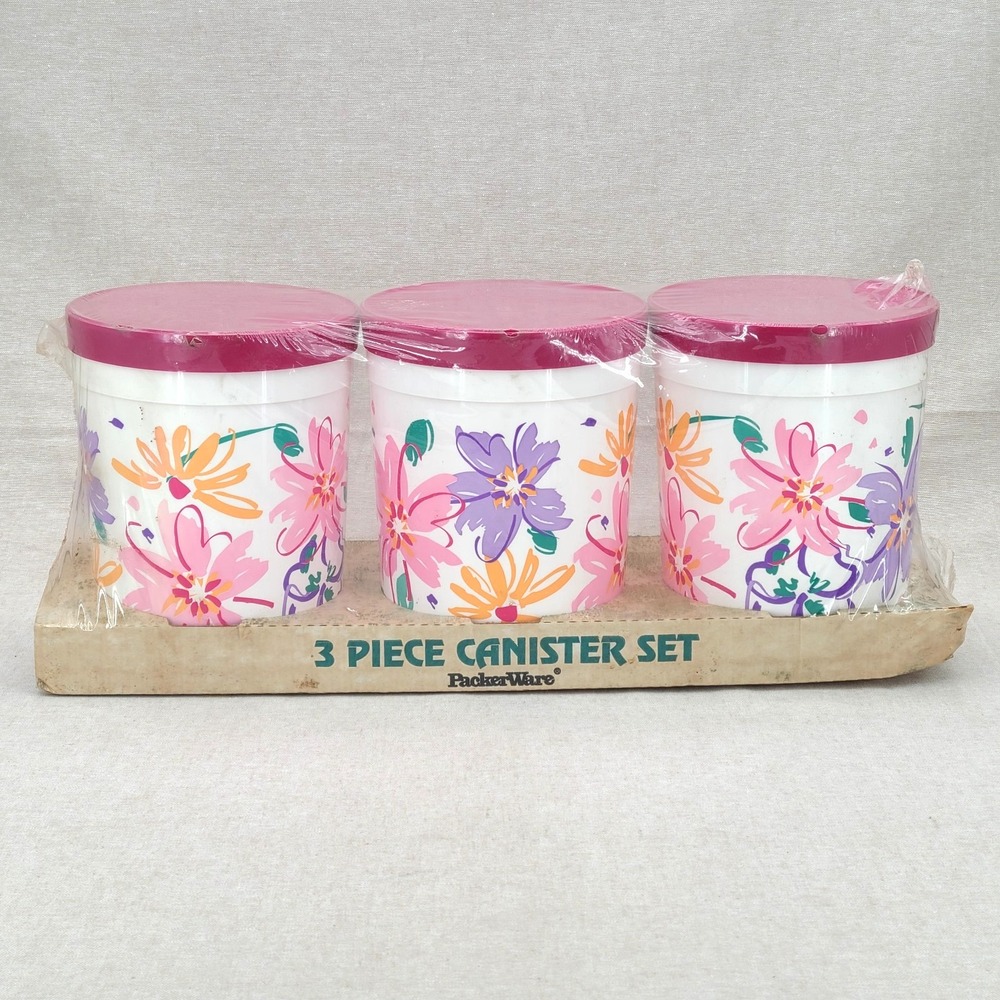 NIP Vintage Packerware 3 Pc Canister Set Pink Floral Lids Retro Kitchen